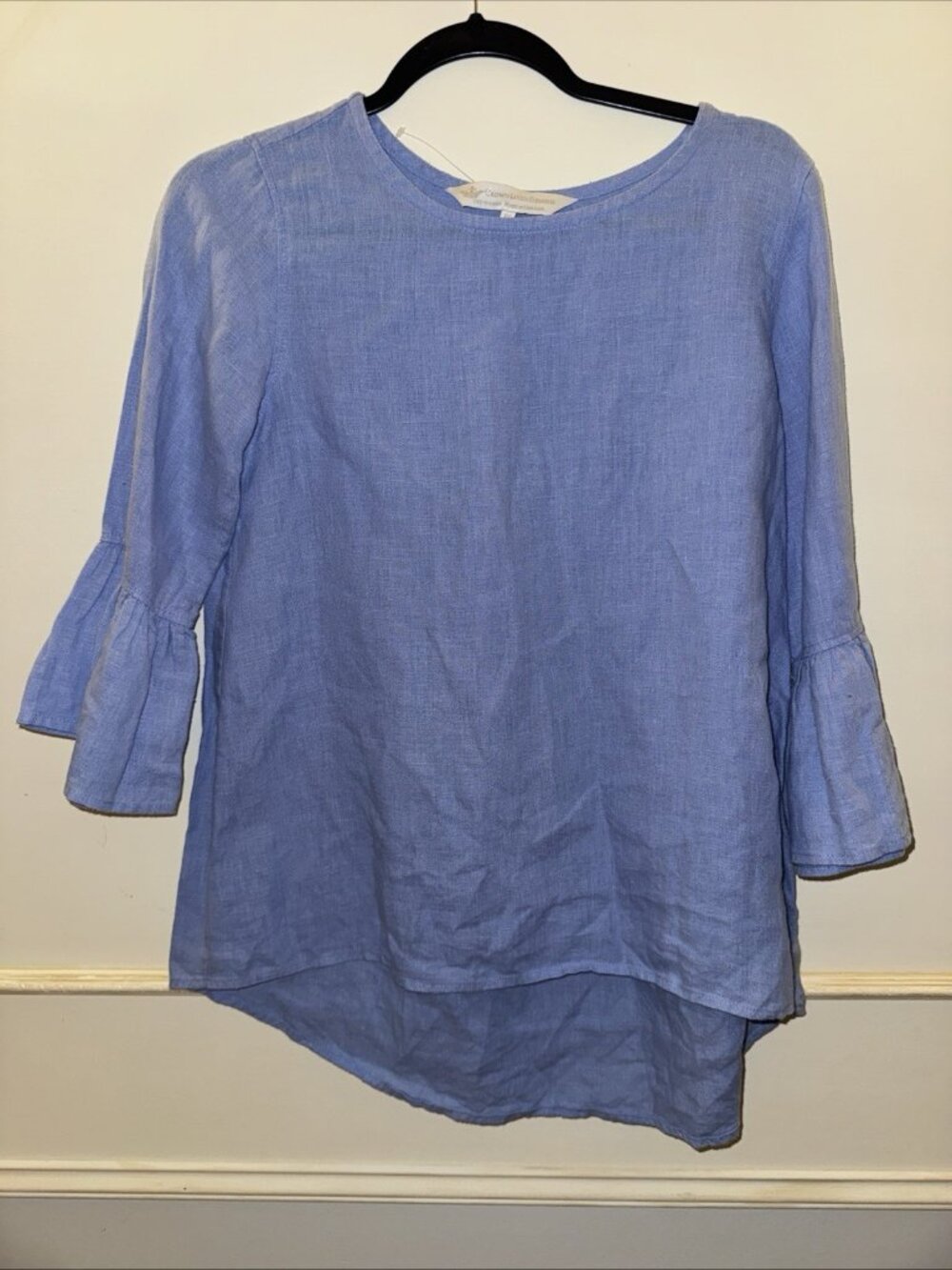 Crown Linen Designs Top Women Sz XS Light Baby Blue Bell-Cuffs European Linen